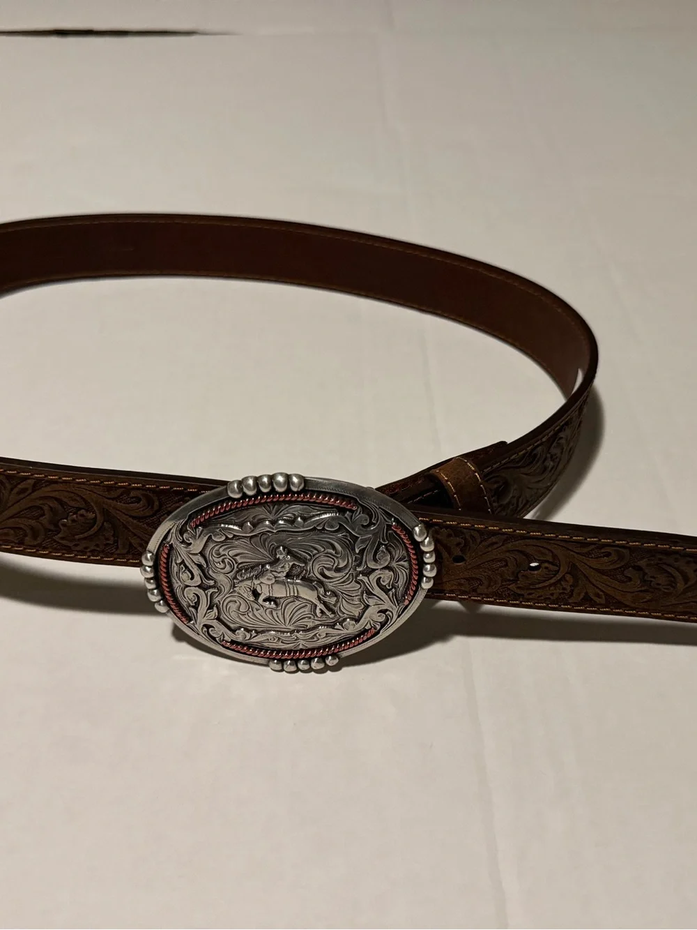 AndWest Men's Western Leather Belt Size 40 Tooled Bronc Rider Buckle BLT214-26